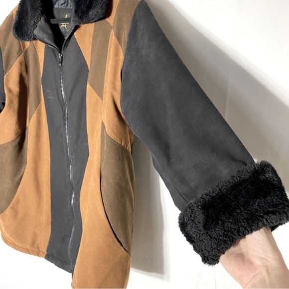 Vintage Luba Brown Black Faux Suede Colour Block Coat W Faux Fur Trim XL - Picture 14 of 16